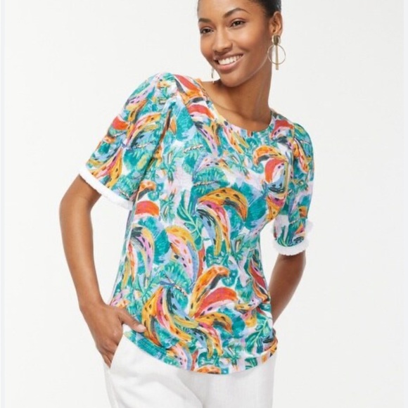 Chico's Linen Fringe Elbow Sleeve Tropical Banana Print Tee Top 00 xs - Picture 2 of 16